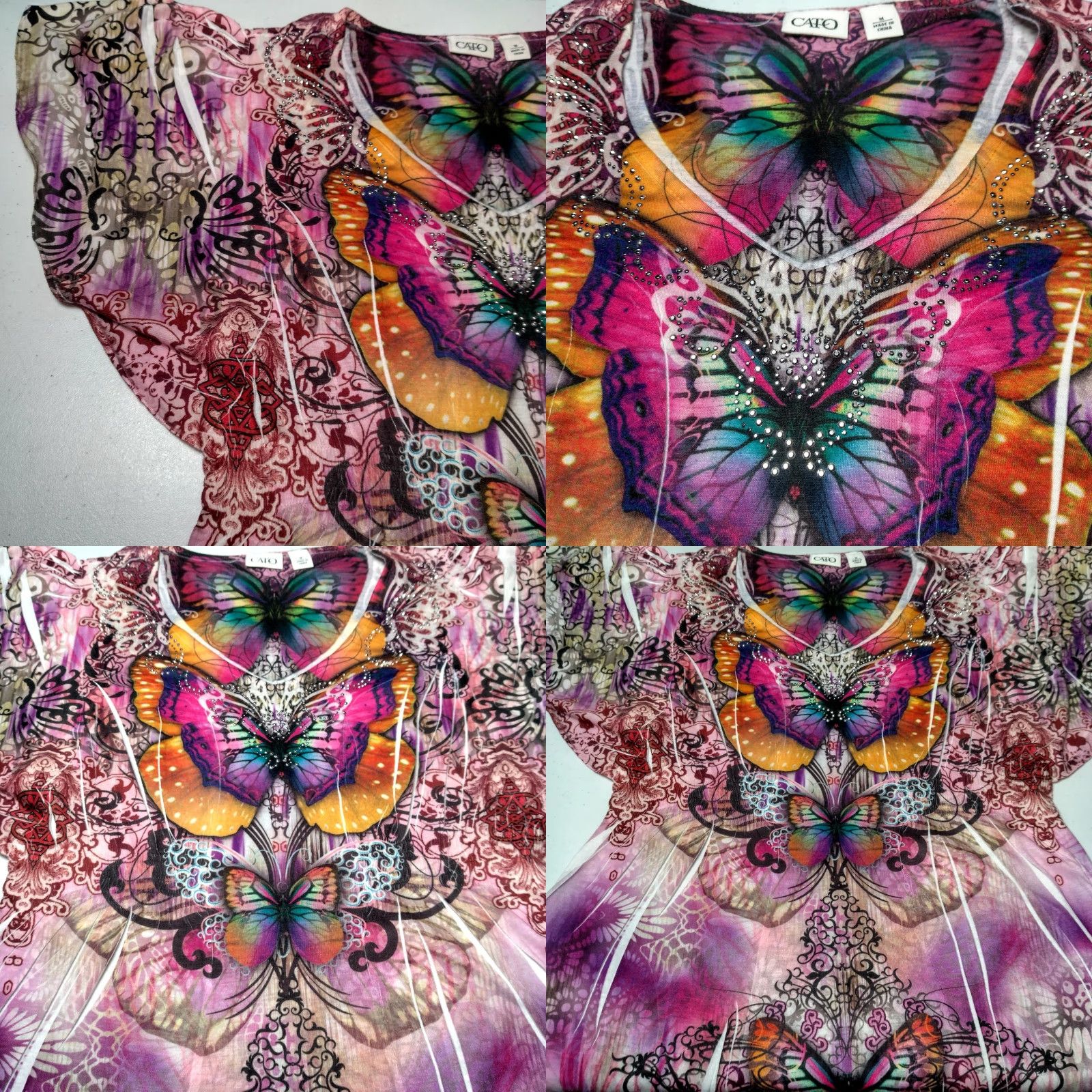 Vintage VINTAGE Cato Butterfly Shirt M Purple Tie Dye Flutter Sleeve V-Neck Rhinestones Graphic Cato Women Shirt Size M / US 6-8 / IT 42-44 - 10 Thumbnail