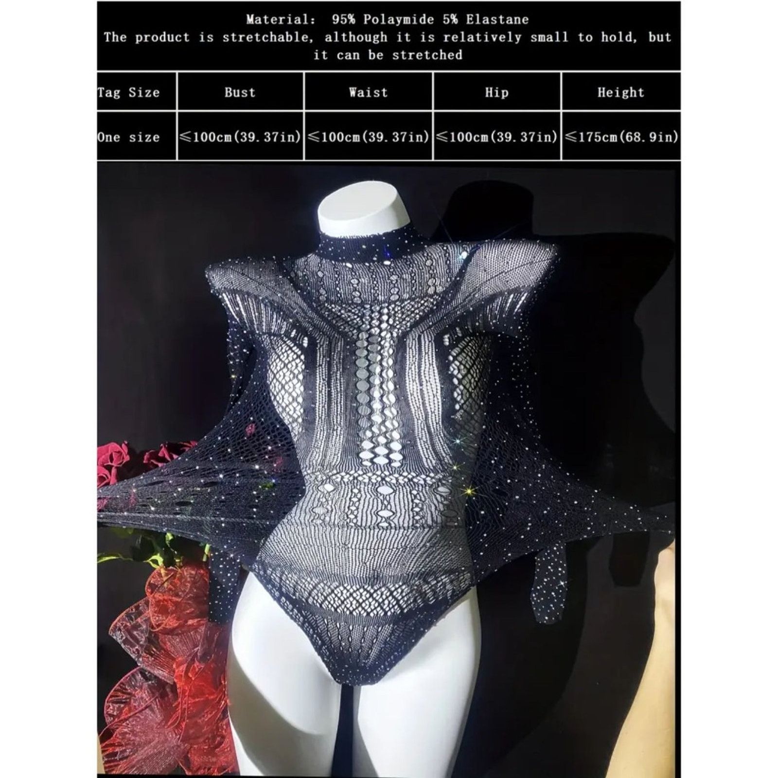 Other Club Sheer Elegant Black Rhinestone Long Sleeve Bodysuit Size ONE SIZE - 4 Thumbnail