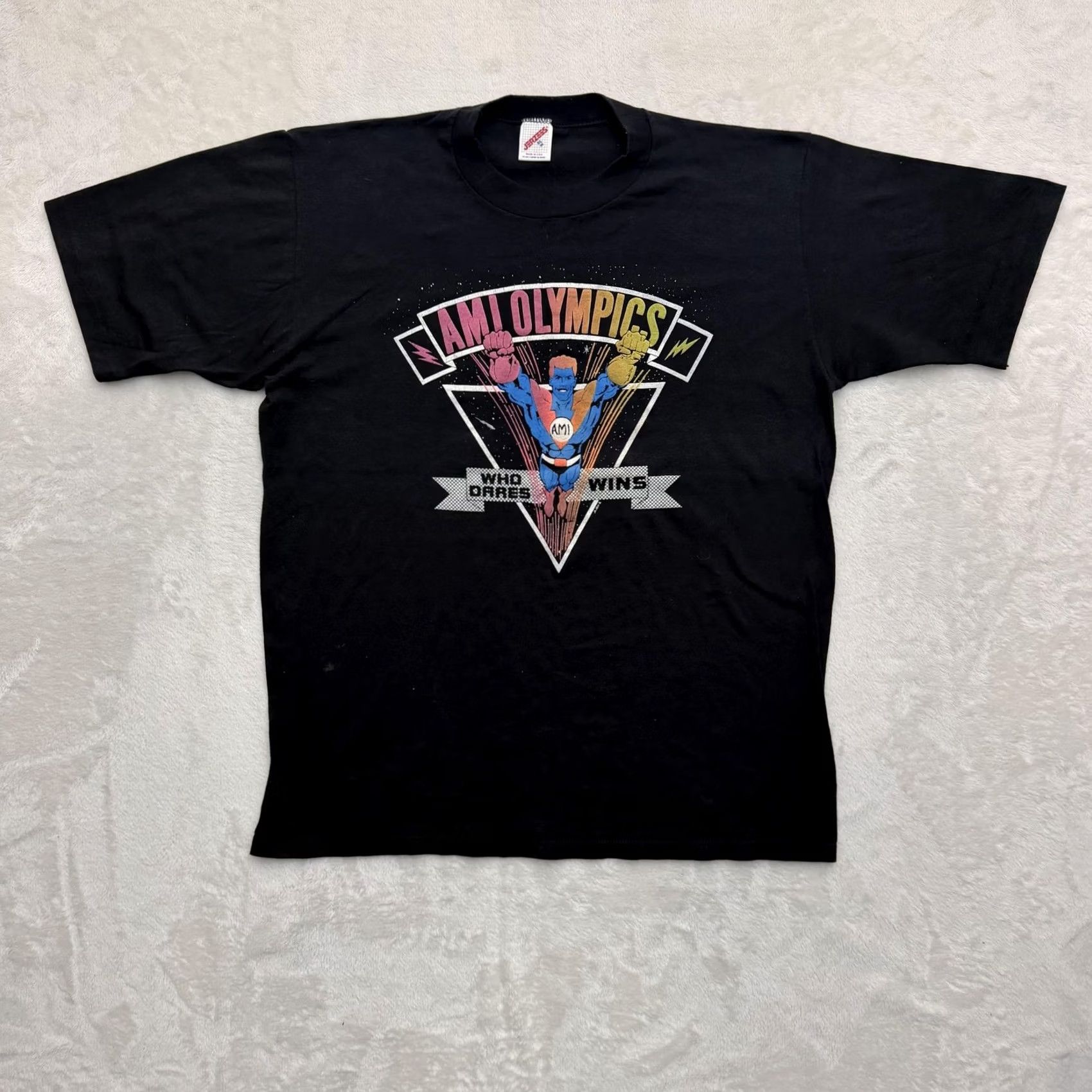 Jerzees VINTAGE AMI Olympics Shirt Mens XL Black Jerzees Who Dares Wins 80s Graphic Tee Size US XL / EU 56 / 4 - 2 Thumbnail