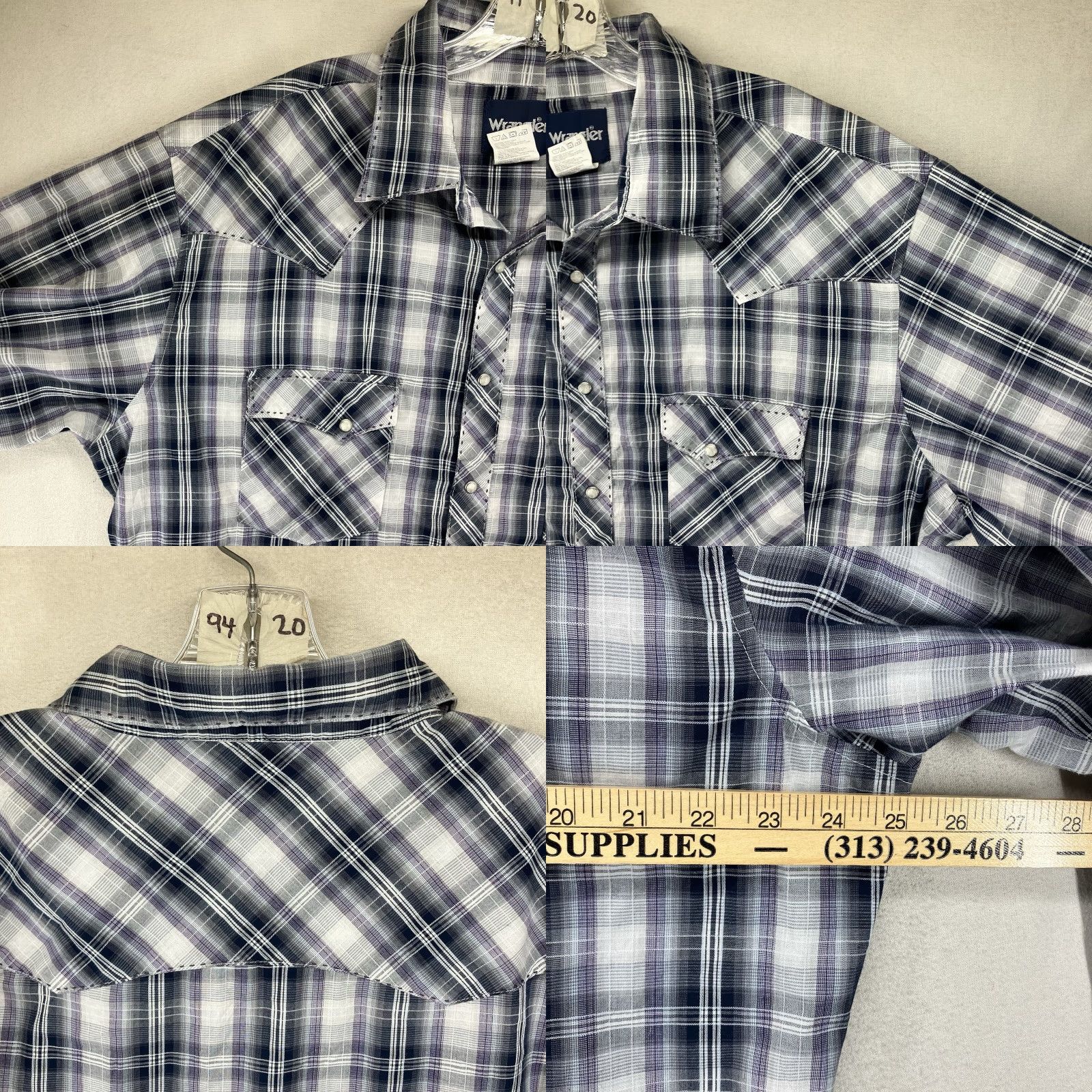 Wrangler VINTAGE Wrangler Western Shirt XL Light Purple Plaid Pearl Snap Cowboy Rodeo Mens EUC Shirt Size US XL / EU 56 / 4 - 9 Thumbnail