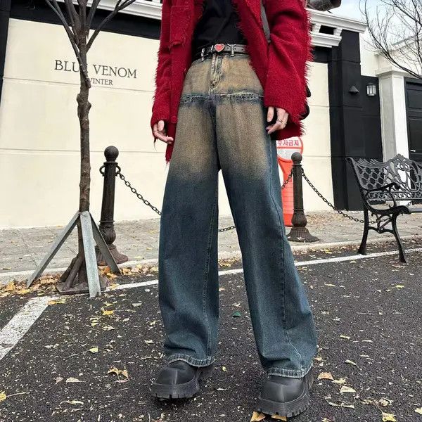 Japanese Brand × Jean Retro yellow cement washed distressed wide leg jeans Size US 32 / EU 48 - 3 Thumbnail