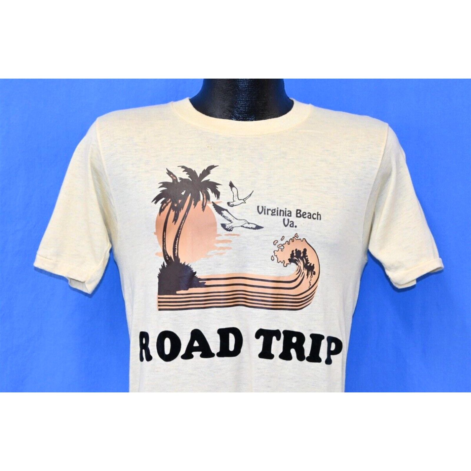 image of Vintage 70's Virginia Beach Road Trip Fuzzy Letters Palm Tree Sunset T-Shirt S in White (Size Small