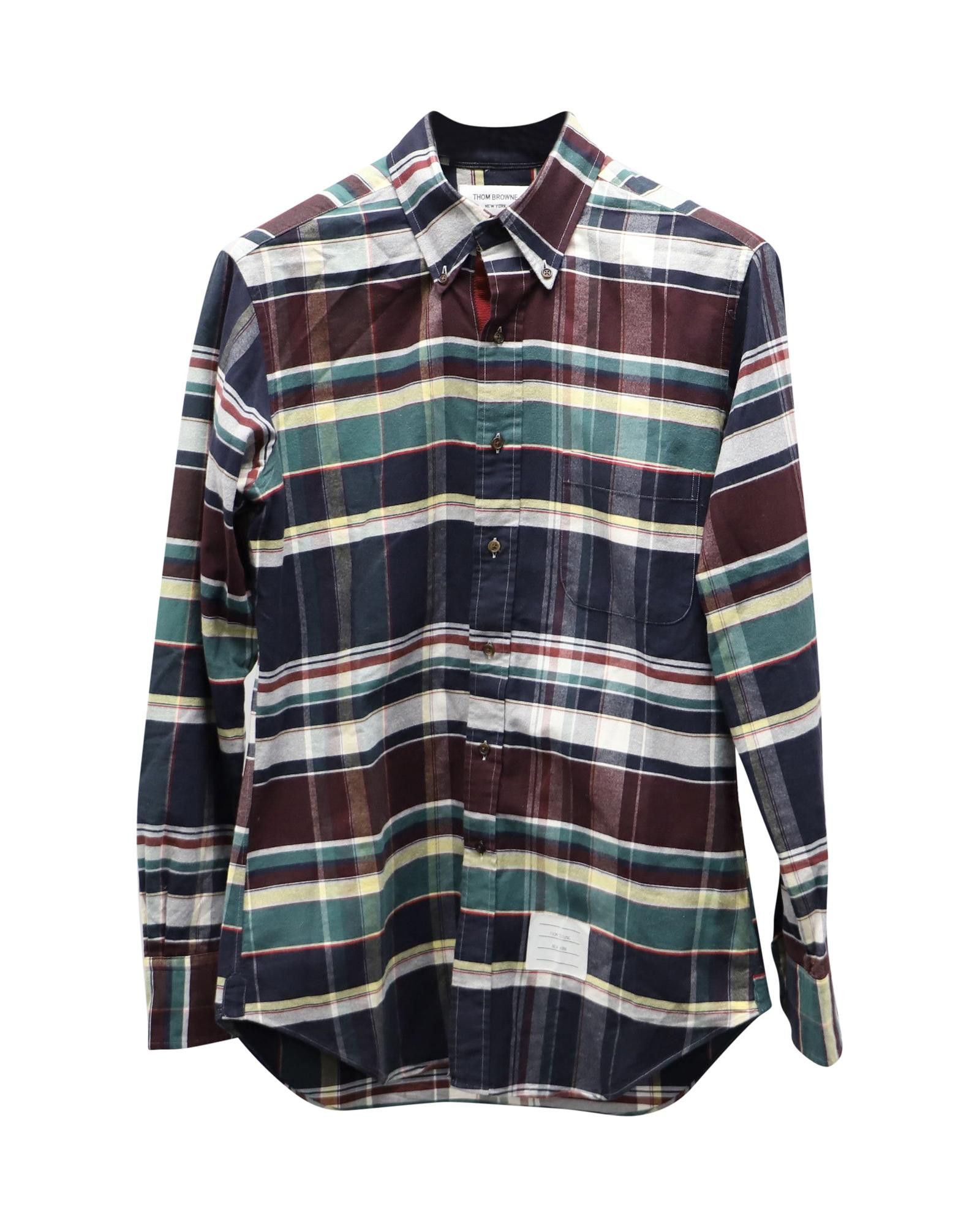 image of Checkered Cotton Flannel Shirt With Signature Details By Thom Browne, Men's (Size Medium)