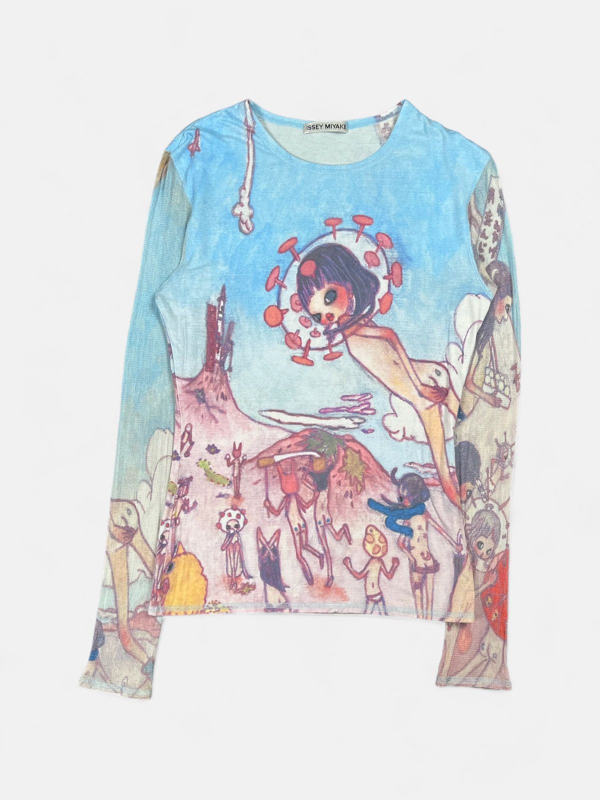 image of Issey Miyake - Aw04 Aya Takano Mesh Sleeve Top in Blue, Women's (Size Medium)