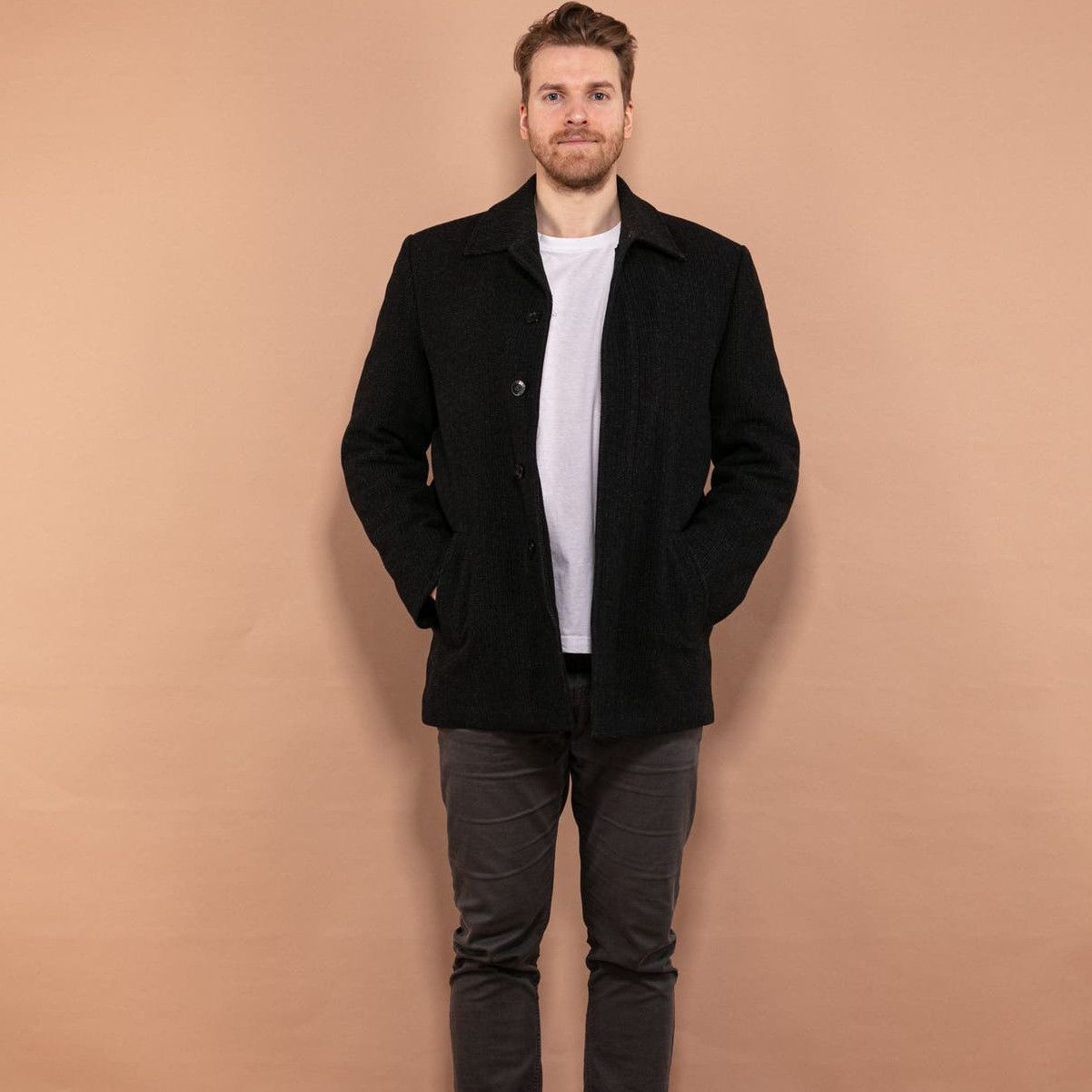 Vintage Vintage 90's Men Wool Blend Short Coat in Dark Grey Grailed