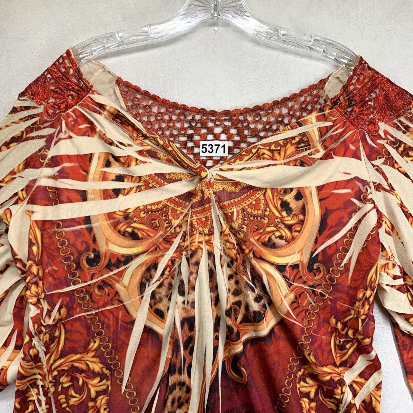 Vintage Oneworld Women's Top 2X Orange Scoop Neck Print Pullover Long Sleeve Embroidered Size XXL / US 16-18 / IT 52-54 - 3 Thumbnail