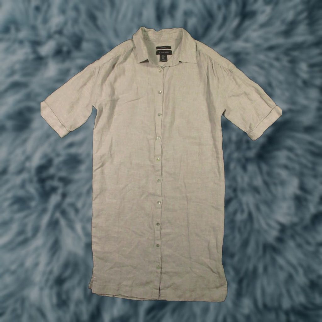 Vintage Tahari Linen Shirt Dress Womens XS Gray Short Sleeve Button Front Collared Bohemian Basic Dress Size XS / US 0-2 / IT 36-38 - 1 Thumbnail