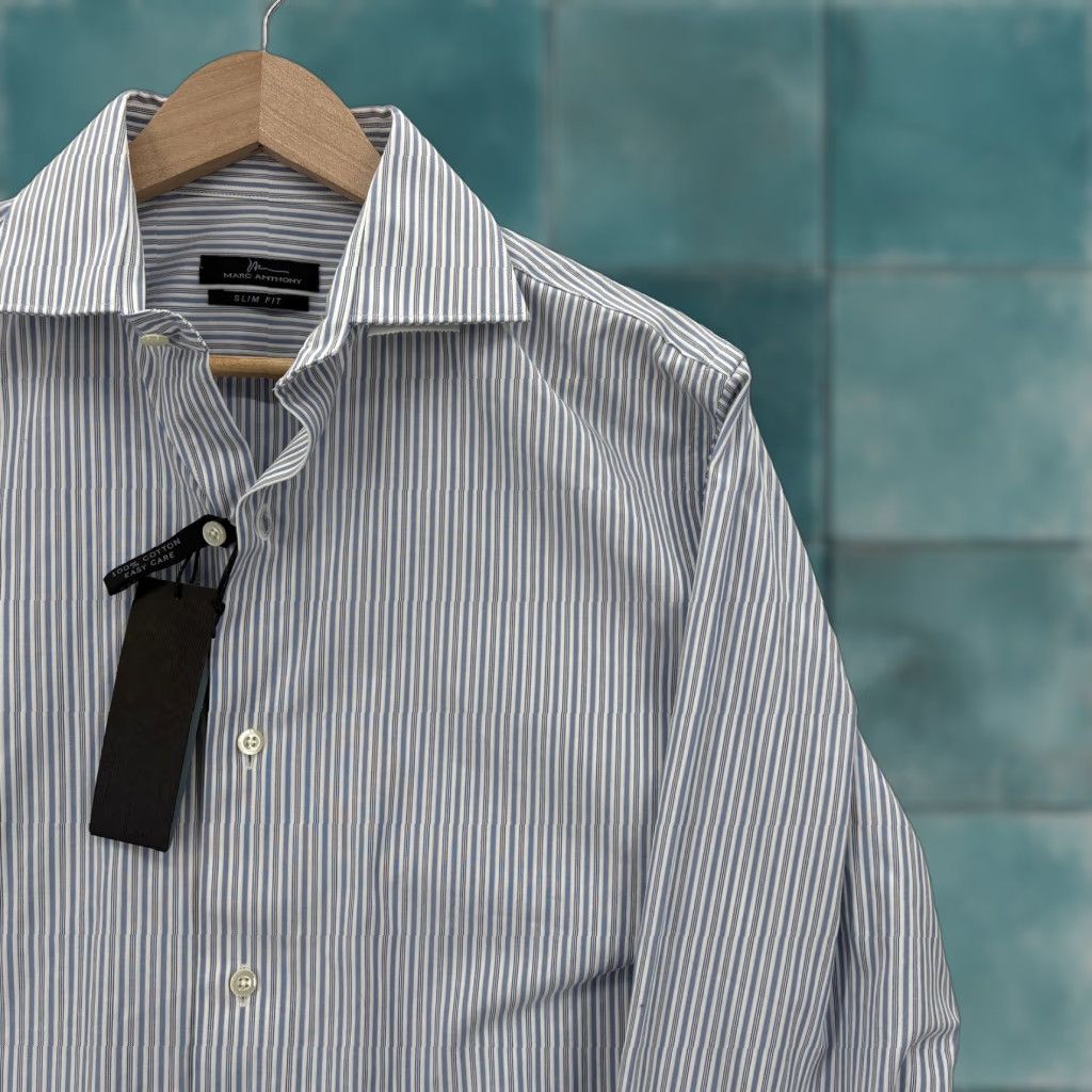 Marcs Marc Anthony Dress Shirt Mens 15.5 Slim 32/33 Blue Stripe Easy Care Business Shirt Mens Size 42R - 1 Thumbnail