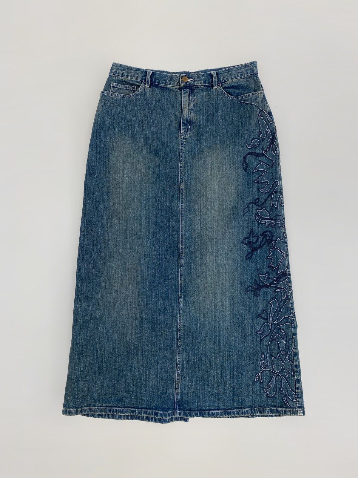Vintage Y2K Vintage Floral Embroidery Rusty Denim Maxi Skirt Size 30" / US 8 / IT 44 - 1 Thumbnail
