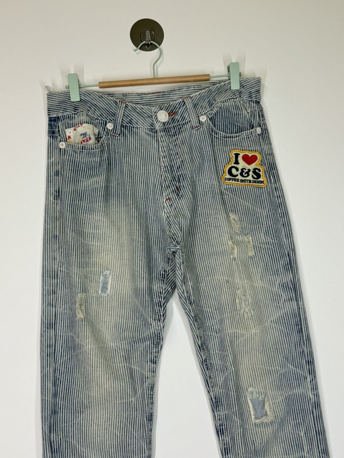 Hysteric Glamour × Japanese Brand Distressed Striped Patches i ❤️ Copper Smith Denim Jeans Size US 31 - 4 Thumbnail
