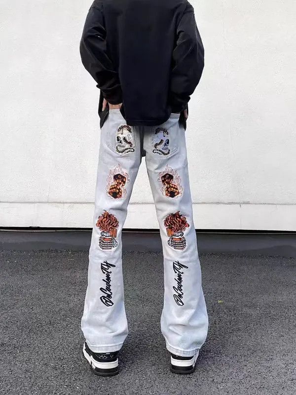 VIBE Street Hip Hop Flame Skull Embroidered Jeans Size US 32 / EU 48 - 1 Thumbnail