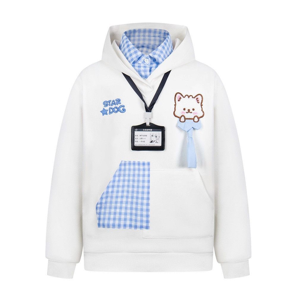 Vintage Men's cartoon dog contrasting plaid fake two-piece hoodie Size US M / EU 48-50 / 2 - 1 Thumbnail