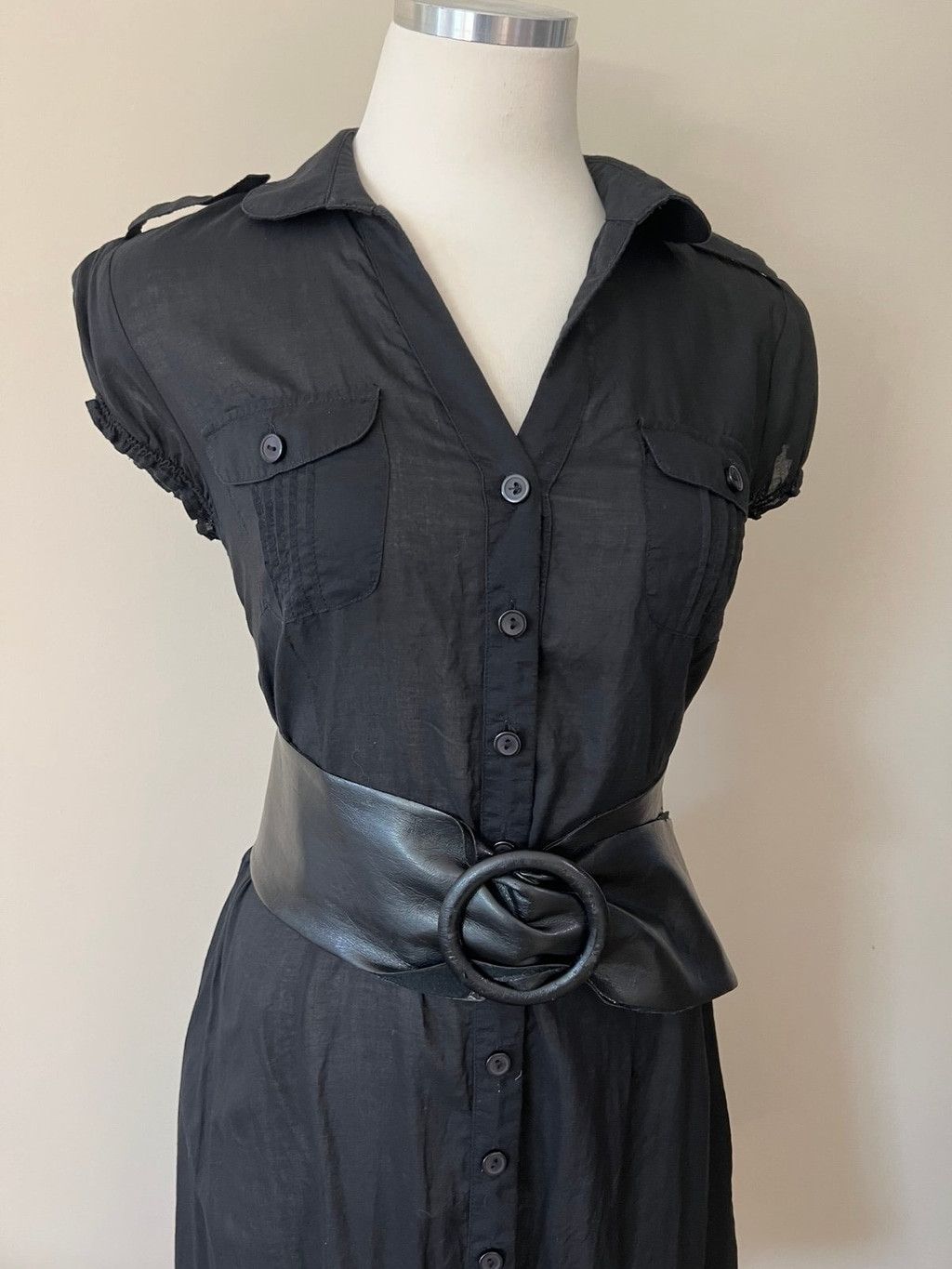 Vintage 1990s - Y2K Black Cotton Button Front Shirt Dress w/Ruffle Size S / US 4 / IT 40 - 5 Thumbnail