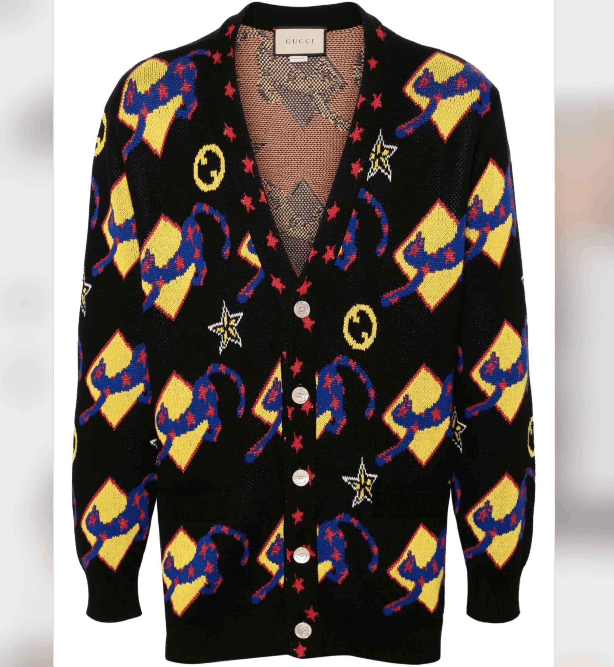 Gucci M Gucci GG Cat Graphic Logo Intarsia Cardigan Black Yellow Size US M / EU 48-50 / 2 - 1 Thumbnail