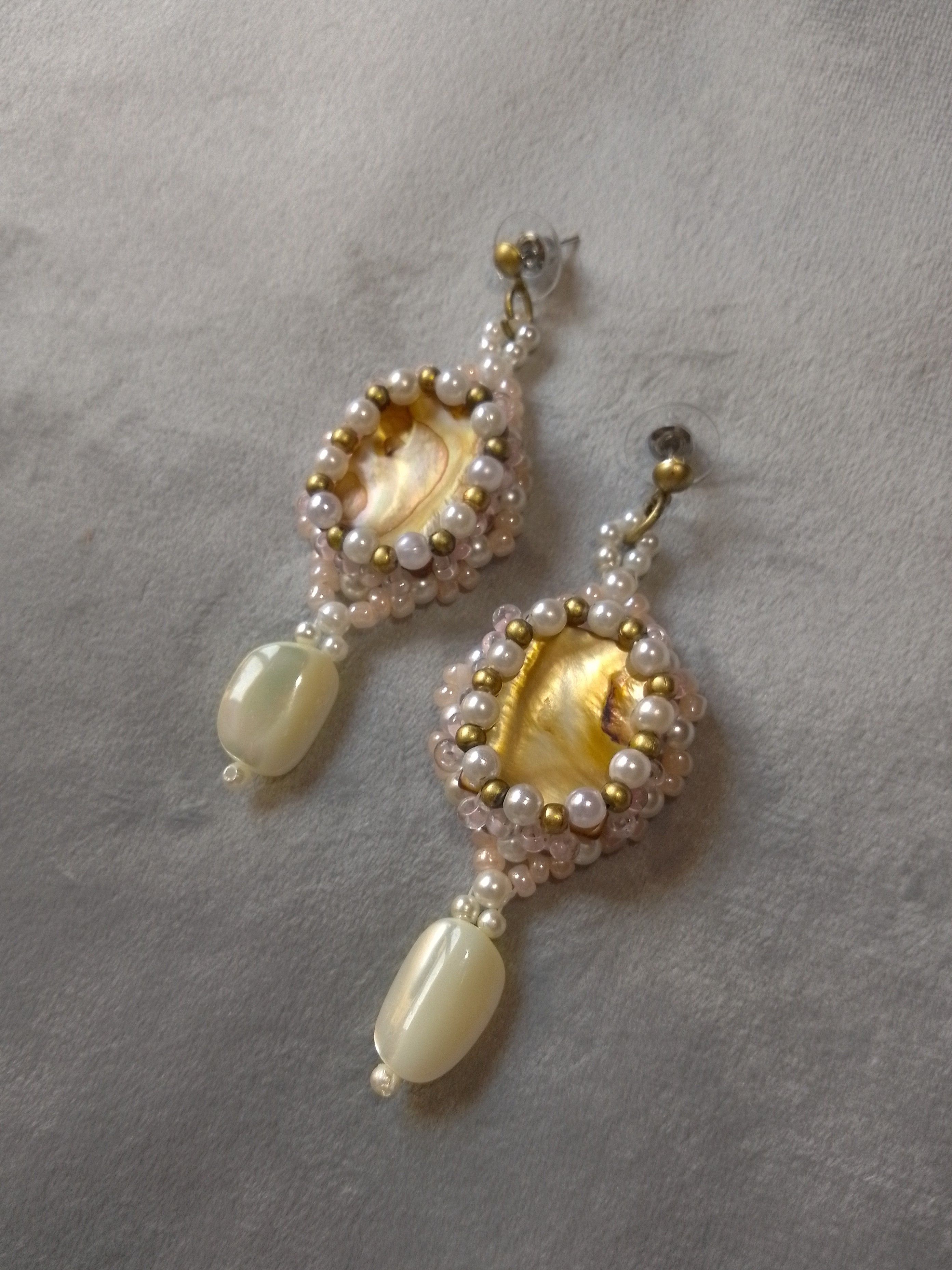 Handmade Precious Earrings Mother of Pearl Gemstones Antique '70 Size ONE SIZE - 5 Thumbnail