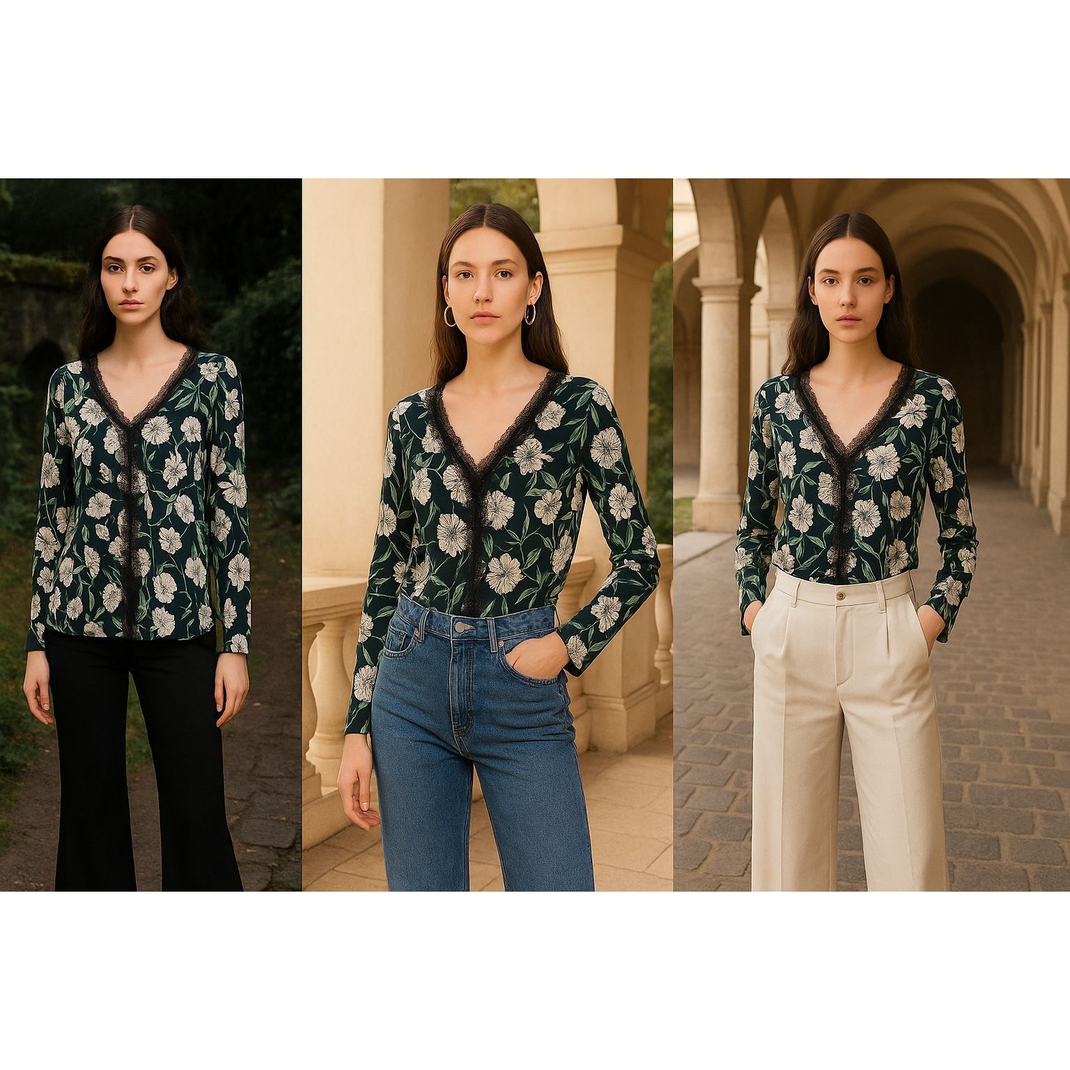 Jason Wu Jason Wu Women Floral LaceTrim Blouse XL Black Green Whimsyg Size XL / US 12-14 / IT 48-50 - 1 Thumbnail