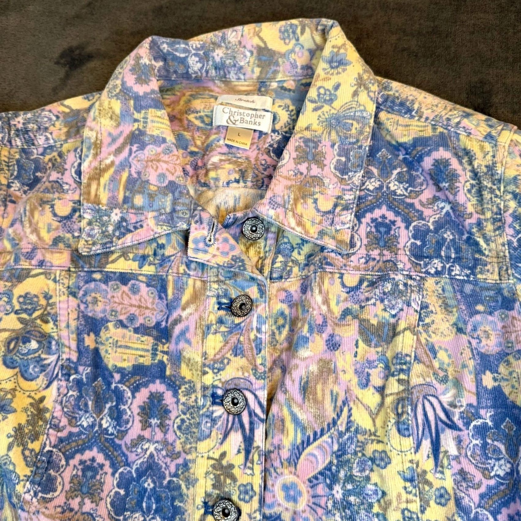Vintage Christopher & Banks Jacket Womens Large Blue Yellow Paisley Corduroy Stretch Button Front Collared Pockets Short Length Size L / US 10 / IT 46 - 2 Thumbnail