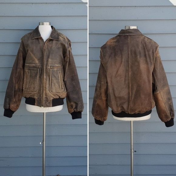 Vintage Vintage 90s y2k Brown Leather Distressed Punk Aviator Bomber Size US L / EU 52-54 / 3 - 1 Thumbnail