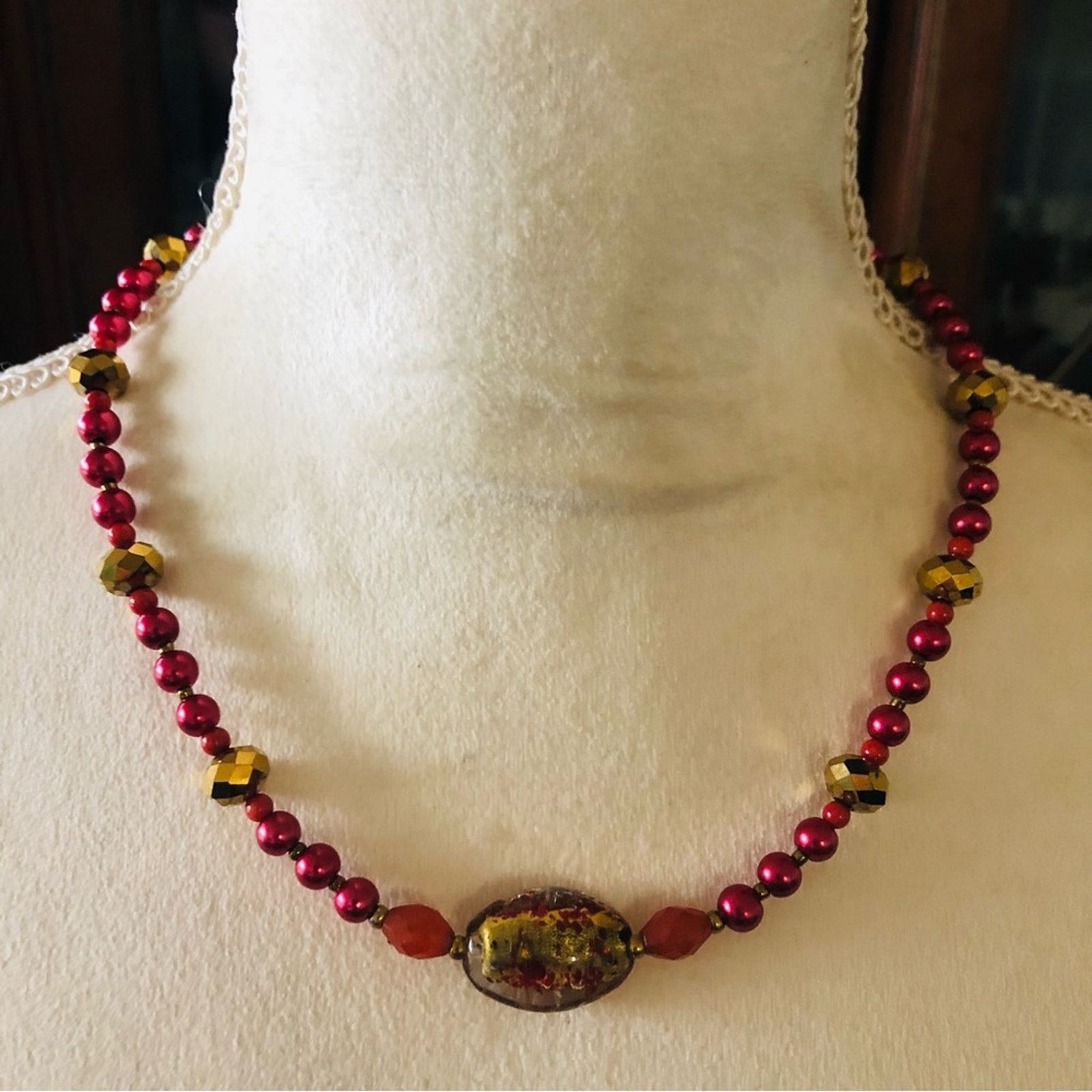 Handmade Handcrafted repurpose crystal red coral Pearl necklac Size ONE SIZE - 2 Thumbnail