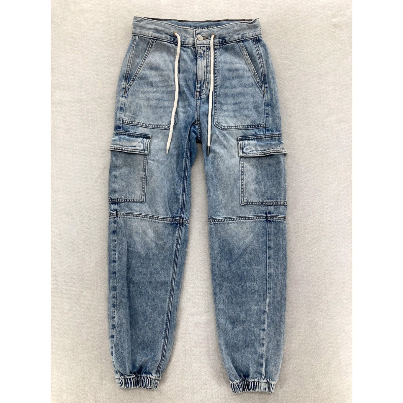 American Eagle Outfitters VINTAGE American Eagle Jeans Womens 00 Light Wash Cargo Jogger Drawstring Elastic Hem Size 24" / US 00 / IT 34 - 2 Thumbnail