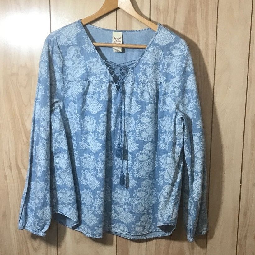 Faded Glory Faded Glory Blue Floral V-Neck Long Sleeve Top XL Size XL / US 12-14 / IT 48-50 - 1 Thumbnail