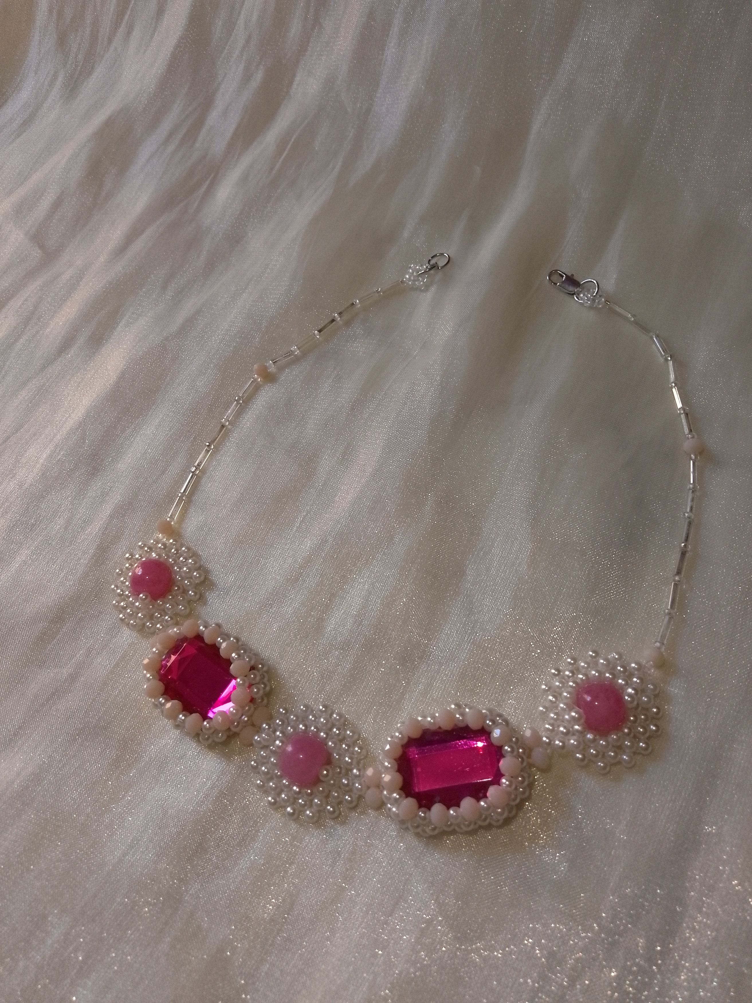 Handmade Beaded necklace pink Zircons & natural jade gemstones Size ONE SIZE - 12 Thumbnail