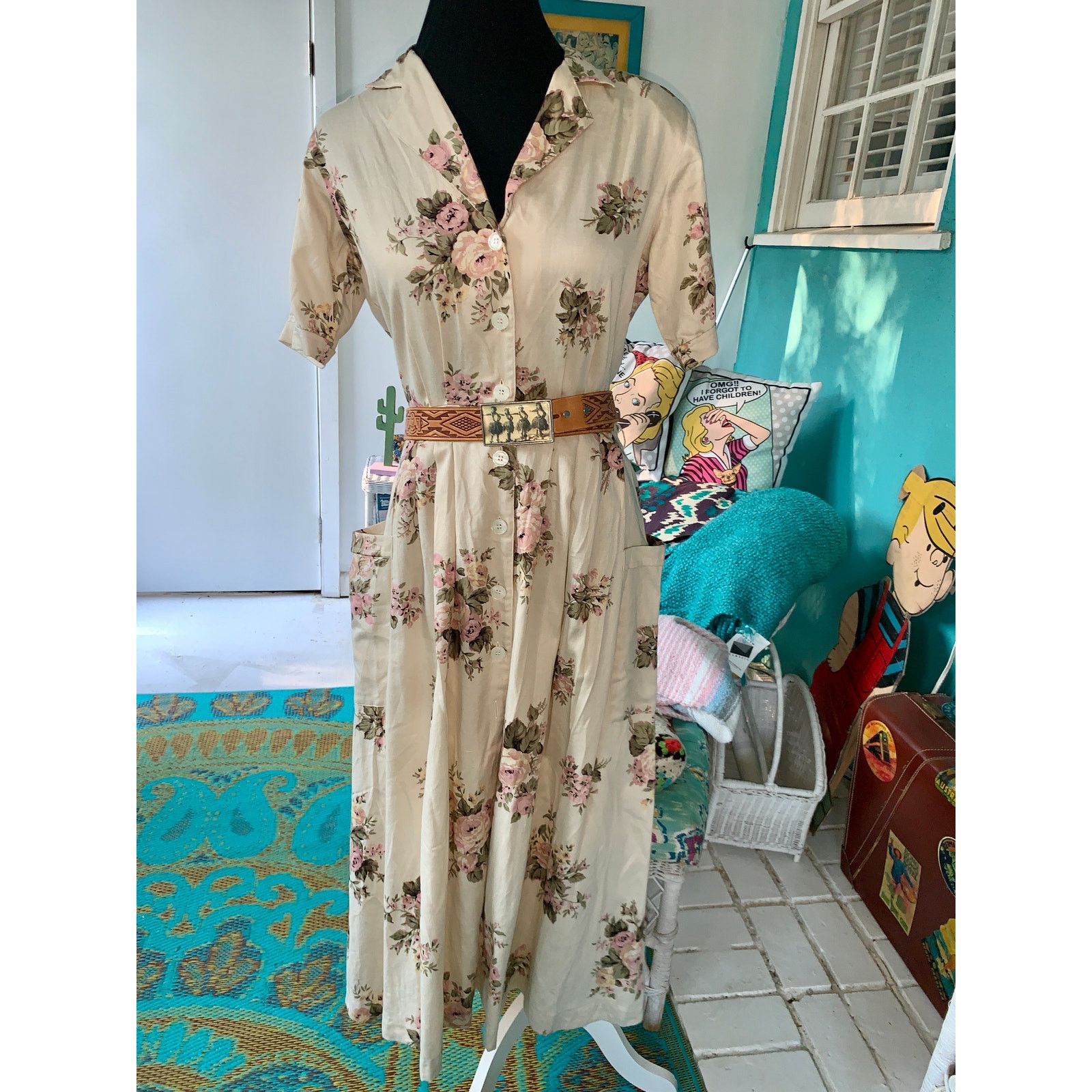 Other VINTAGE 80s BRITISH KHAKI ROBERT LIGHTON FLORAL TEA DRESS Size S / US 4 / IT 40 - 1 Thumbnail