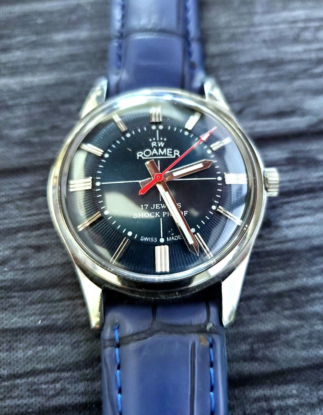 image of Roamers Vintage Roamer Brevete Swiss Mens Watch Blue Satin Dial