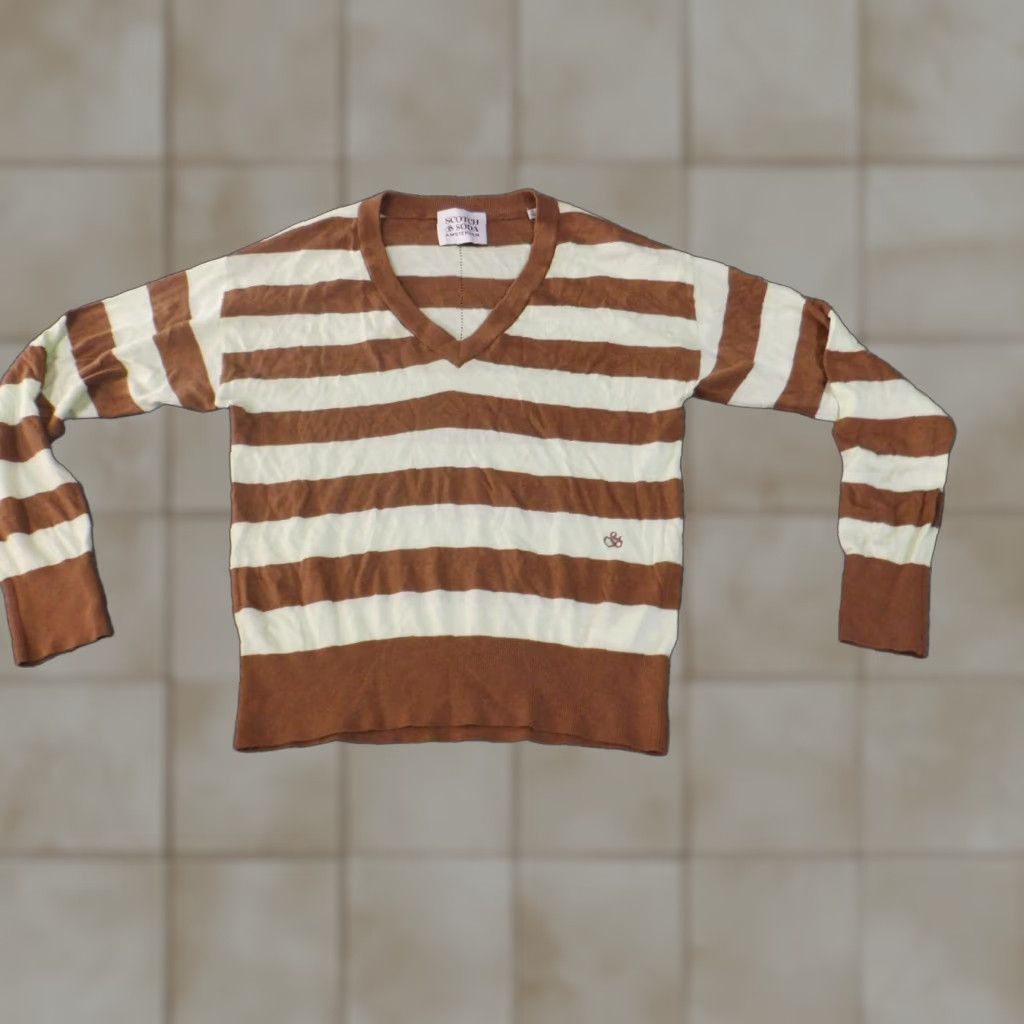 Scotch & Soda Scotch & Soda Sweater Women S Brown Green Striped V-Neck Pullover Knit Long Sleeve Lightweight Vintage: No Size S / US 4 / IT 40 - 1 Thumbnail