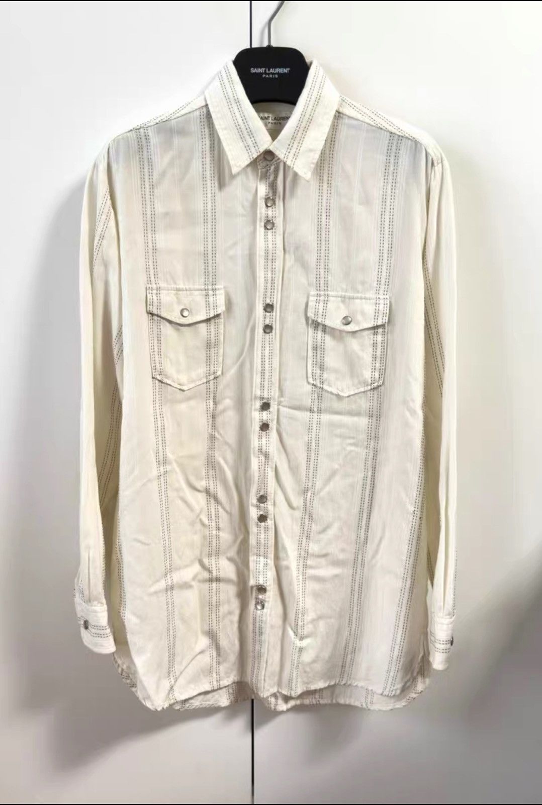 Saint Laurent Paris Saint Laurent Off-White Metallic Woven Striped Shirt Size US S / EU 44-46 / 1 - 1 Thumbnail