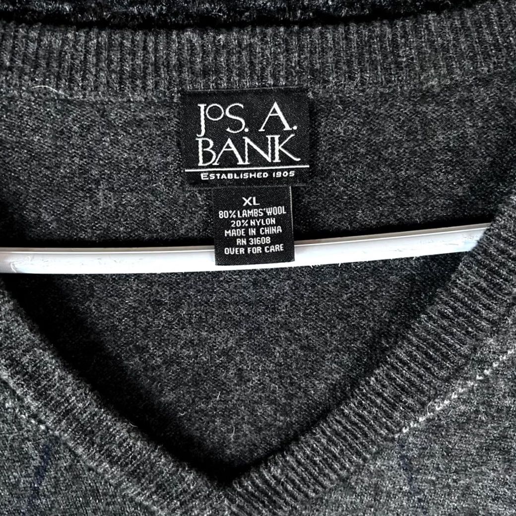 Vintage JOS A Bank Mens XL Argyle V Neck Sweater Lambswool Nylon Dark Gray Size US XL / EU 56 / 4 - 2 Thumbnail