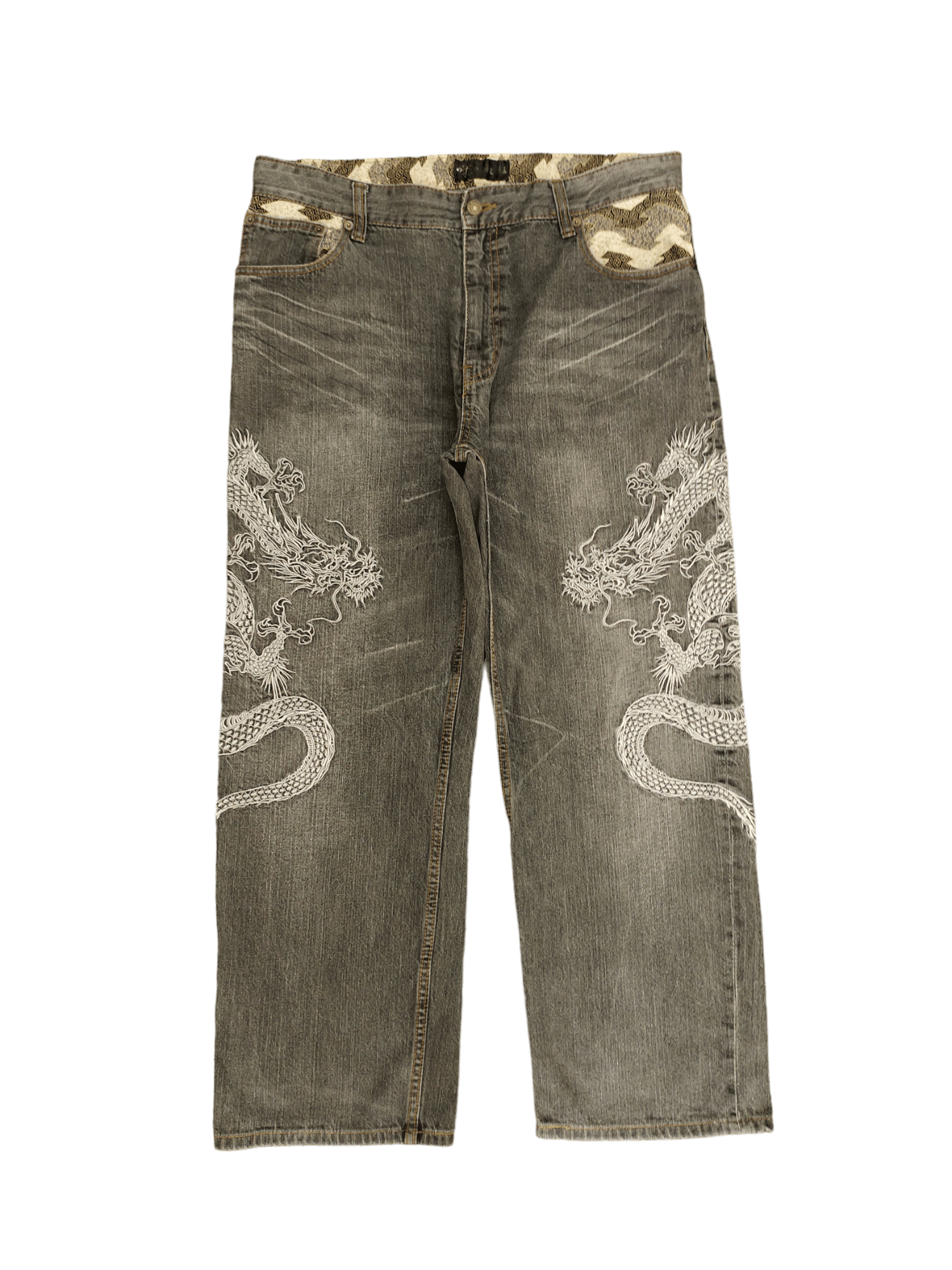 image of Vintage Baggy Jeans Sukajan Dragon Embroidered Wide Karakuri Tamashi, Men's (Size 36)