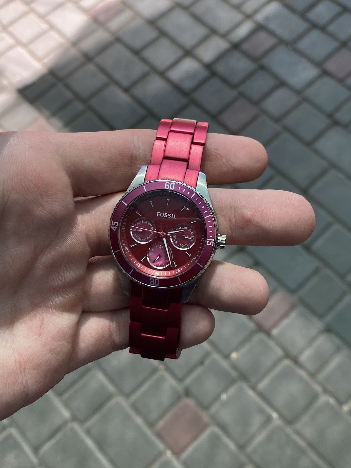Fossil Fossil Chronograph Red Dial Watch with Metal Strap 38mm Size ONE SIZE - 7 Thumbnail