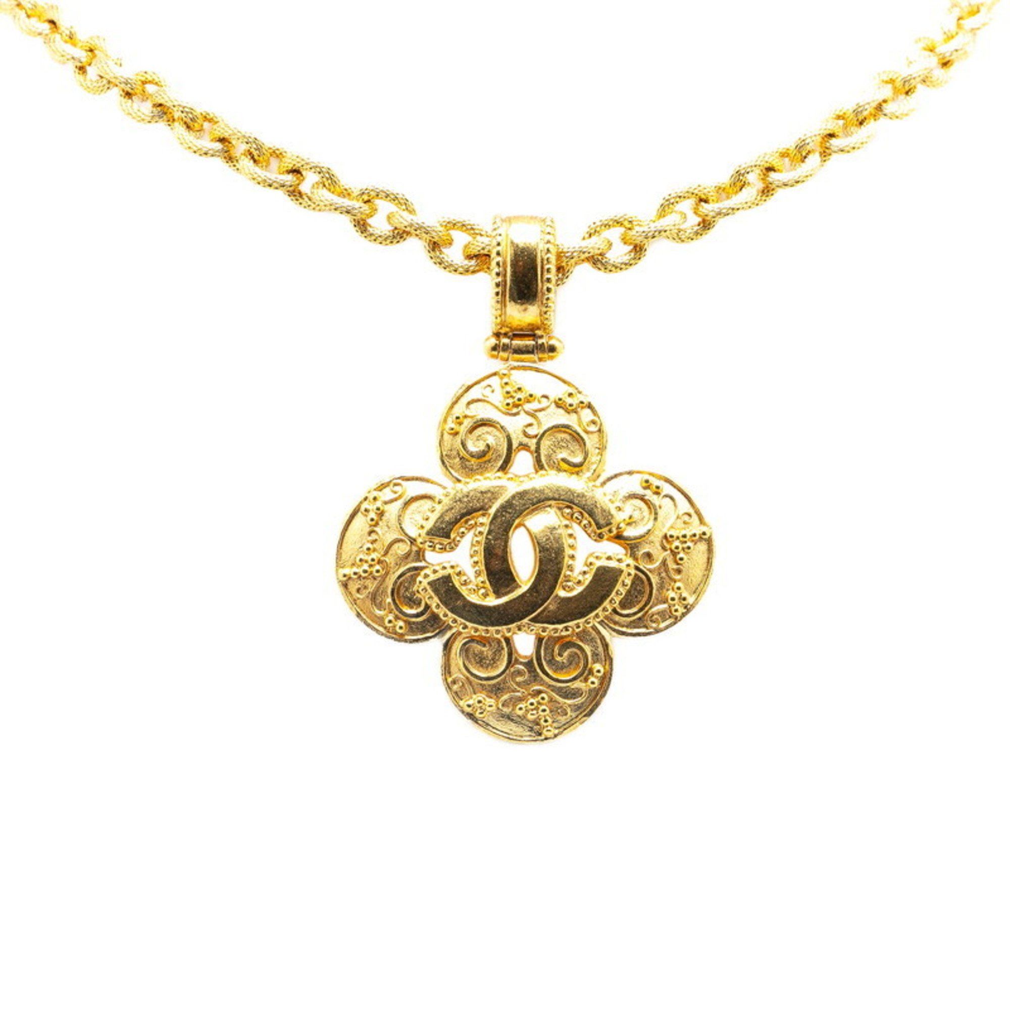 Chanel Coco Mark Four Leaf Clover Motif Necklace Gold Plated