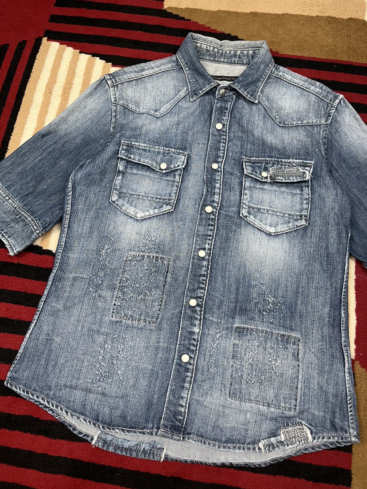 Issey Miyake × Japanese Brand × Tete Homme Plag ! Plag Tete Homme Ripped Denim Shirt Size US M / EU 48-50 / 2 - 4 Thumbnail