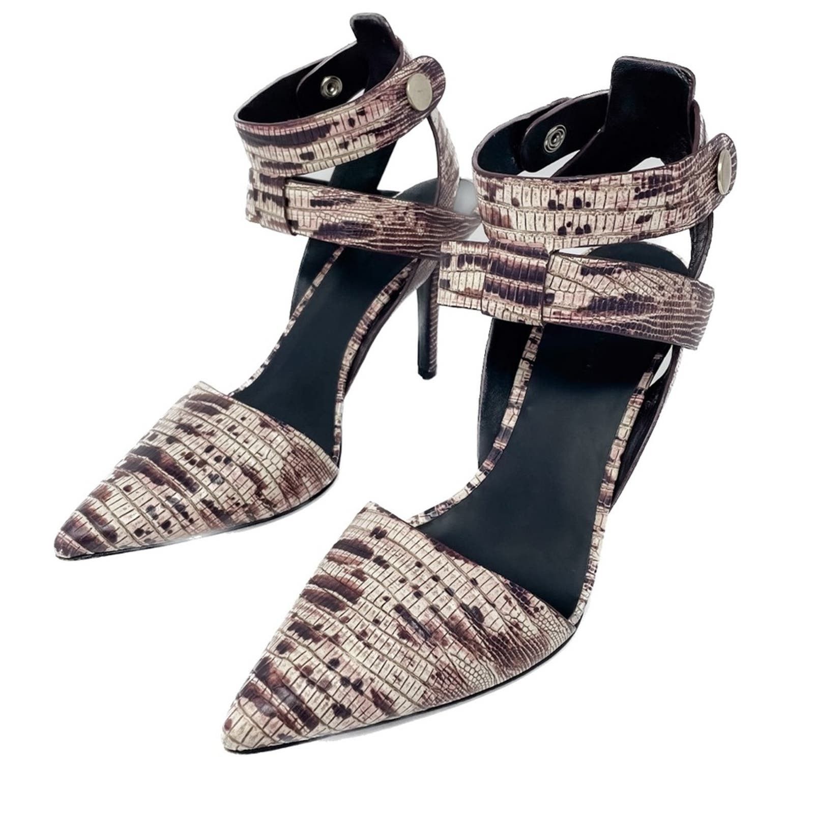 image of Alexander Wang Snake Skin Pointed Toe Ankle Wrap Heel Shoes 39 in Purple, Women's