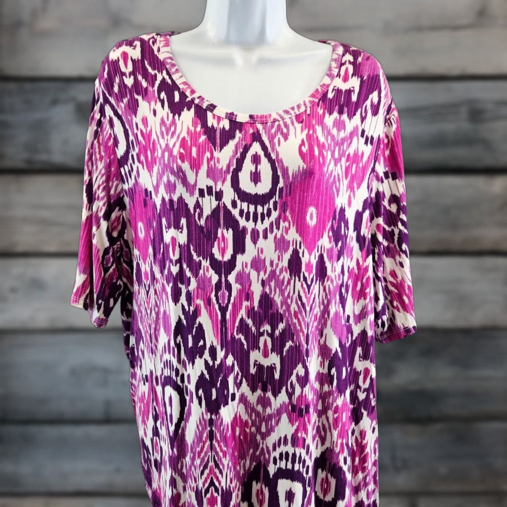 Vintage Chicos Womens Tunic Printed Sz XL Pink Purple Asymmetrical Hem Rayon Blend Size XL / US 12-14 / IT 48-50 - 1 Thumbnail