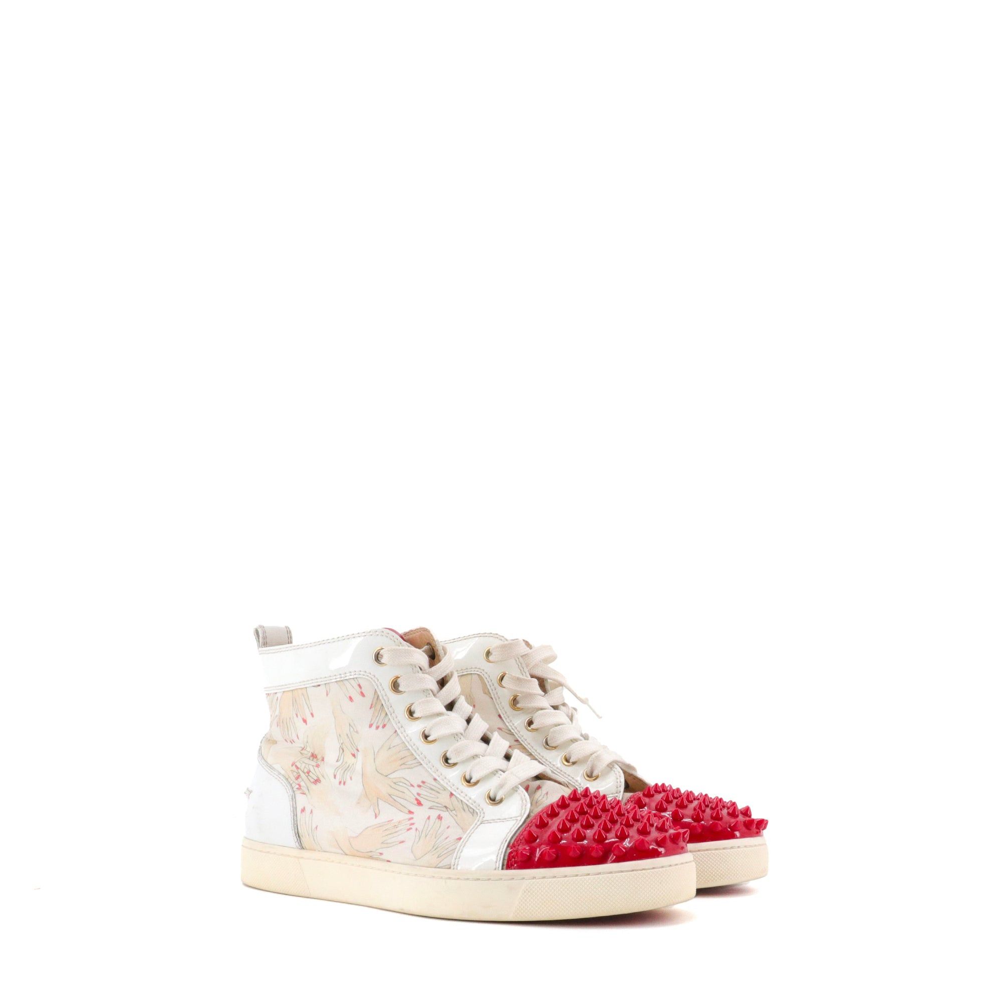 Christian Louboutin LOUBOUTIN - Lou Spikes Louboutin high-top sneakers in white and red leather (T38) Size US 7 / IT 37 - 1 Thumbnail