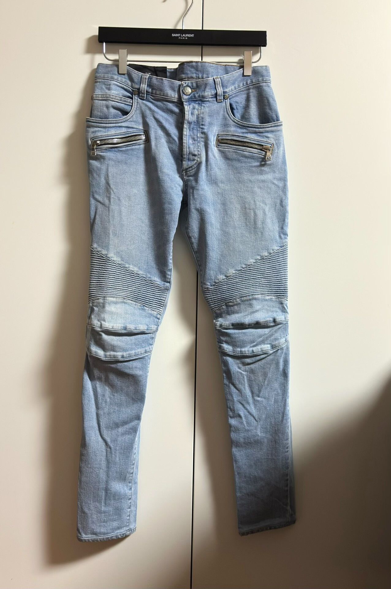 Balmain BALMAIN Light Blue Washed Motorcycle Jeans Size US 31 - 1 Thumbnail