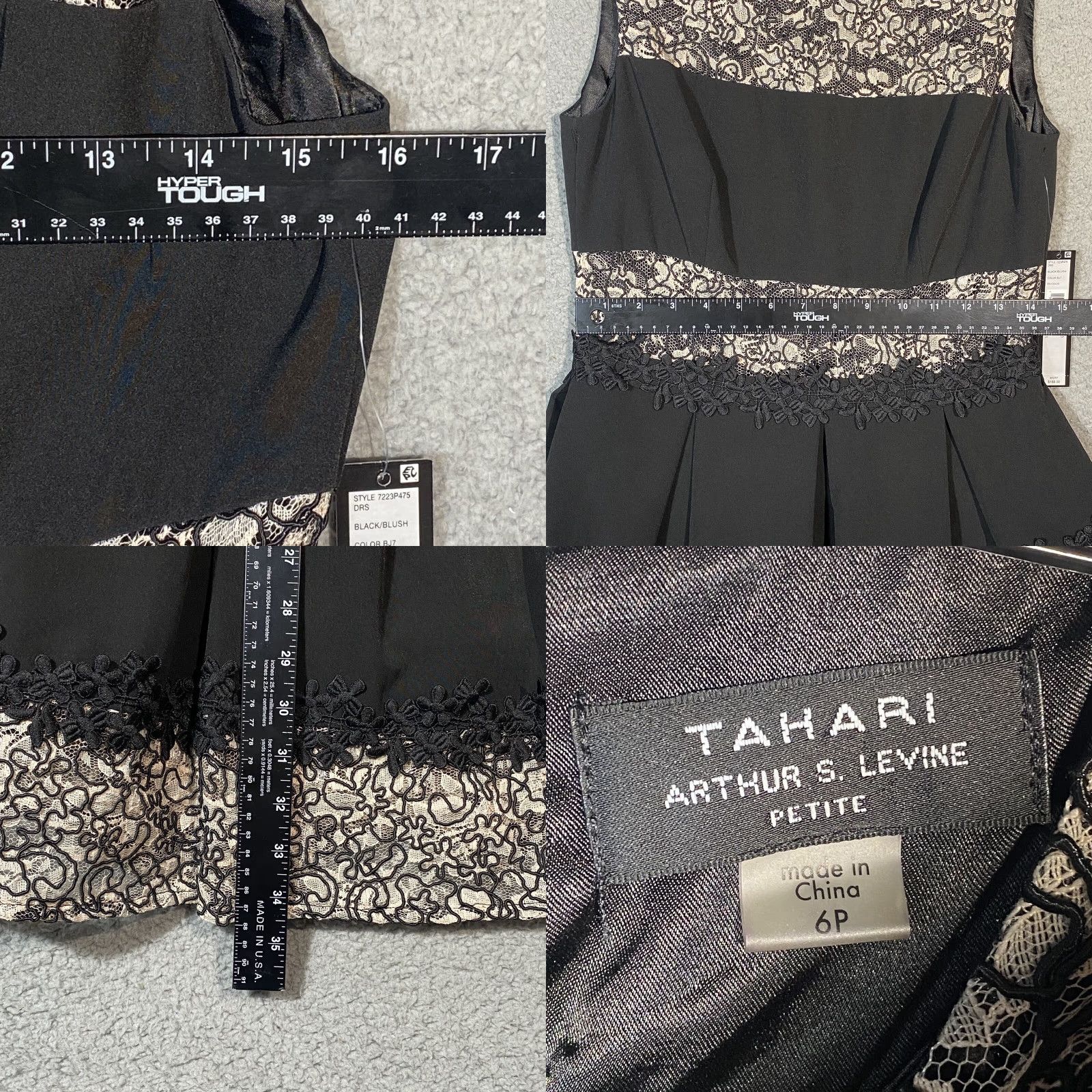 Vintage Tahari Floral Dress Embroidered Lace Stripe Black Blush Knee Length Size 6P Dress Fit & Flare Women Sleeveless Formal Party/Cocktail Wedding Size M / US 6-8 / IT 42-44 - 8 Thumbnail