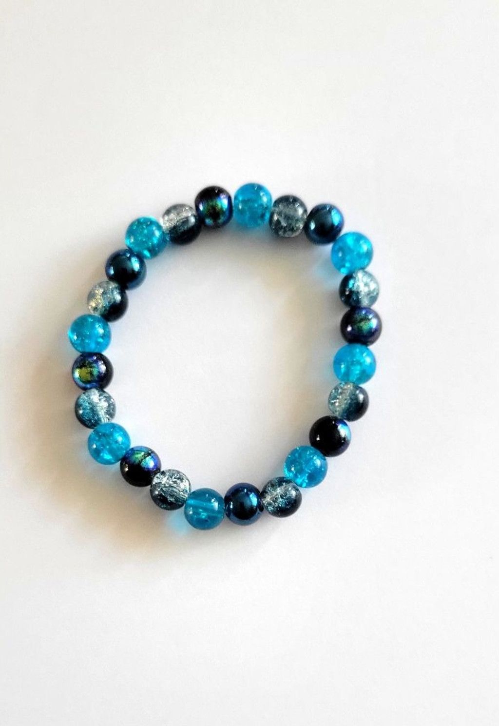 Handmade Aurora Borealis Blue 8mm Glass Beaded Stretch Bracelet 7" Size ONE SIZE - 3 Thumbnail
