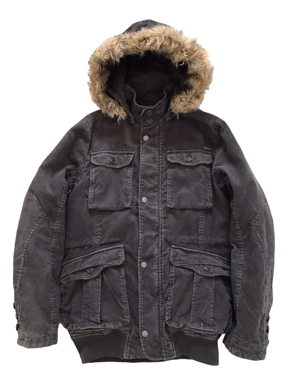 Image of Diesel M65 Corduroy Shadow Faux Fur Hooded Jacket in Shadow Grey, Men's (Size Small)