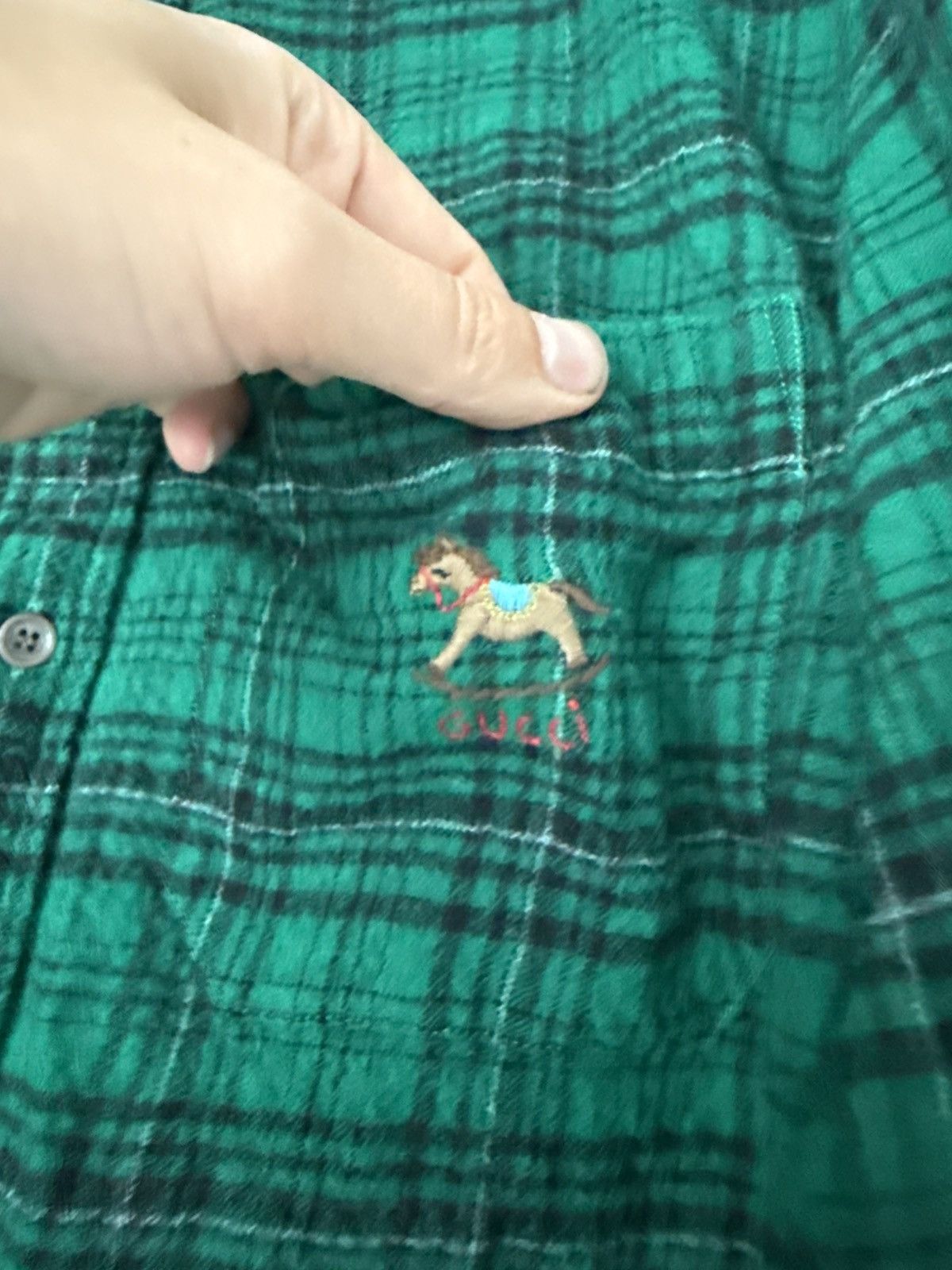 Gucci Green Wool Flannel Shirt with Embroidered Rocking Horse Size US M / EU 48-50 / 2 - 5 Thumbnail