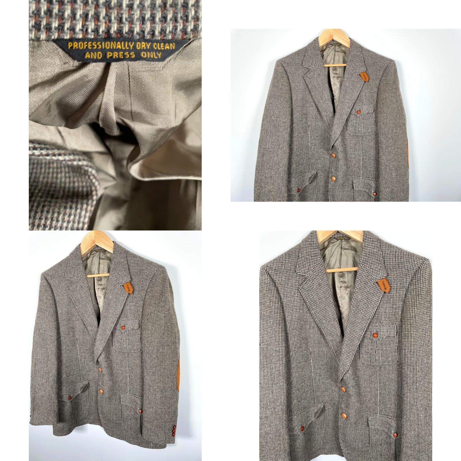 Vintage VINTAGE John Weitz Blazer Wool Tweed Gray 46R Notch Collar Three-Button Sleeves Faux Suede Elbow Patches Single-Vented Regular Mens Size 46R - 9 Thumbnail