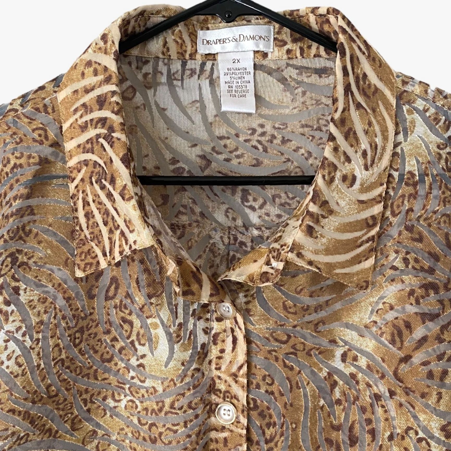 Vintage Draper's & Damons Sheer Animal Print Button-Up Blouse Brown Womens 2X Plus Size 2X Button-Up Shirt Size XXL / US 16-18 / IT 52-54 - 5 Thumbnail