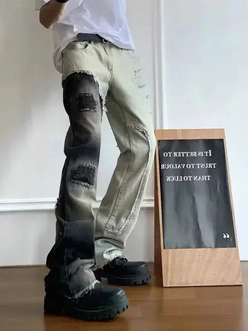 Japanese Brand High street hip hop contrast patchwork ripped raw edge jeans Size US 32 / EU 48 - 3 Thumbnail
