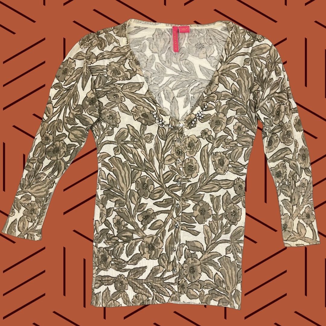 Vintage Charlotte Tarantola Cardigan Sweater Womens S Brown White Floral Jeweled Blouse Size S / US 4 / IT 40 - 1 Thumbnail