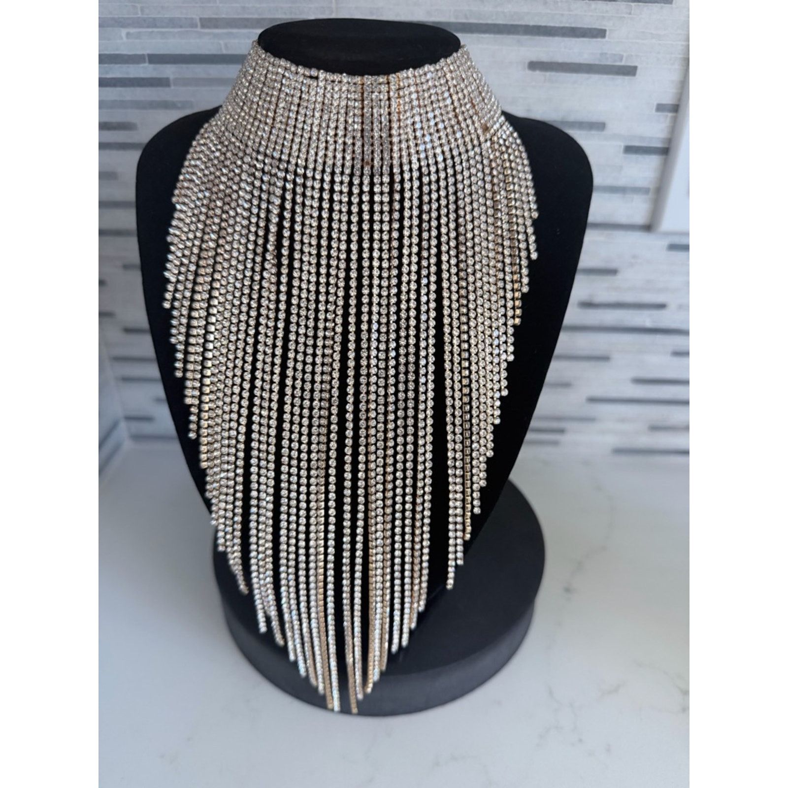 Other Rhinestone Fringe Choker Necklace Gold 2 jewels missing Size ONE SIZE - 1 Thumbnail
