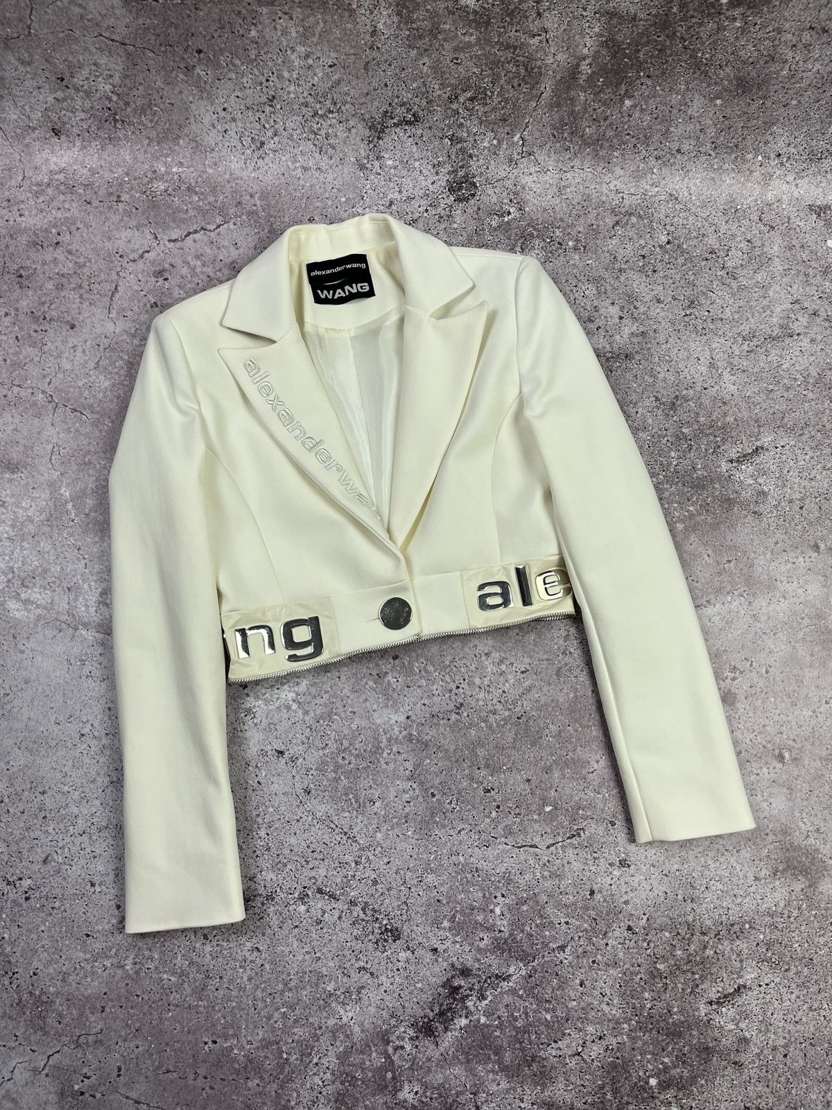Alexander Wang Cropped Blazer Cream Logo Hardware Jacket Designer Zip Size S / US 4 / IT 40 - 3 Thumbnail
