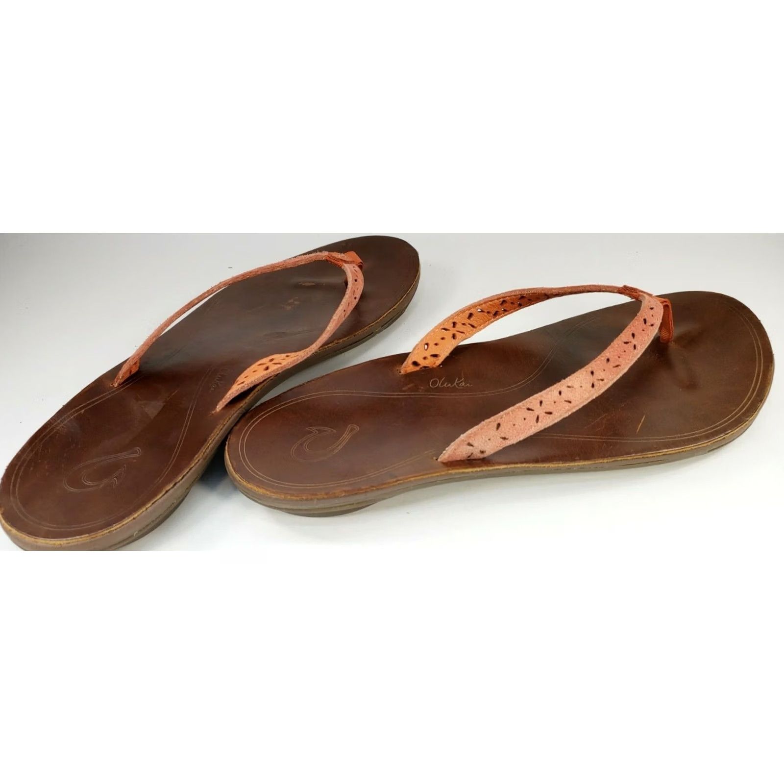Olukai OluKai Puka Flip Flops Sandals Womens Size 9 Coral Perforated Straps Leather Slip On Flat Satin? Size US 9 / IT 39 - 3 Thumbnail